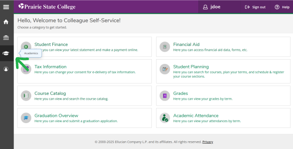Homepage of the Pioneer Portal. An arrow points to the "Academics" tab to the left of the portal.