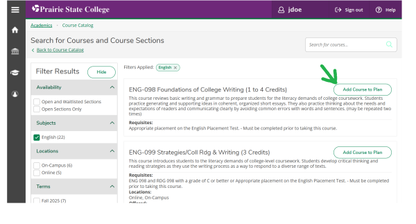 Screenshot of a student's Pioneer Portal. An arrow points to the option to "Add Course to Plan" for the course listed.